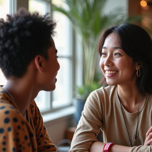 Two people from different cultural backgrounds are having a pleasant conversation.