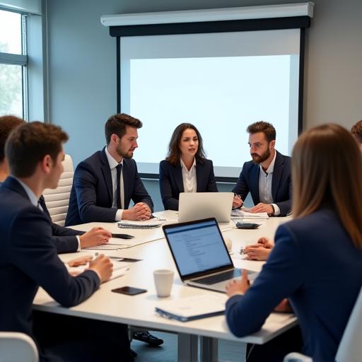 A group of professionals in a corporate training session, collaborating around a table.