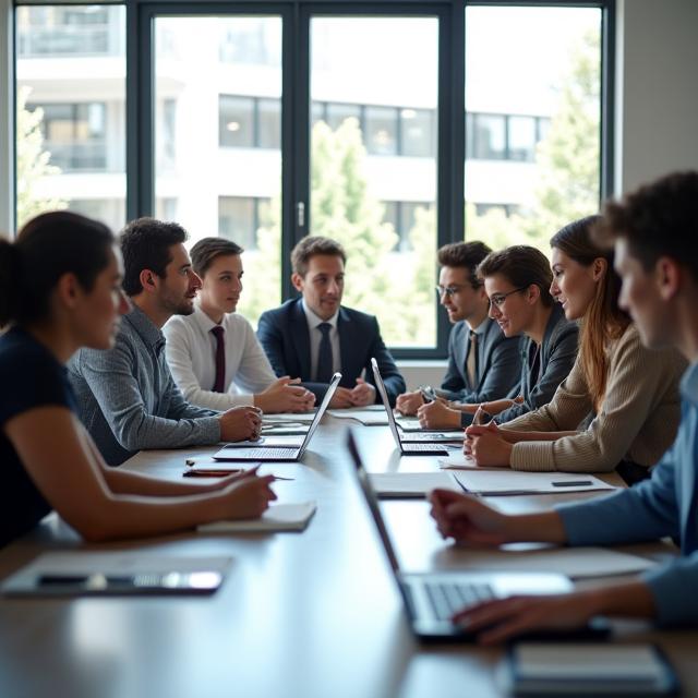 A modern and bright meeting room where a diverse group of professionals is engaged in a workshop.