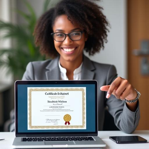 A person sitting at a desk with a laptop, proudly showing an online certificate.